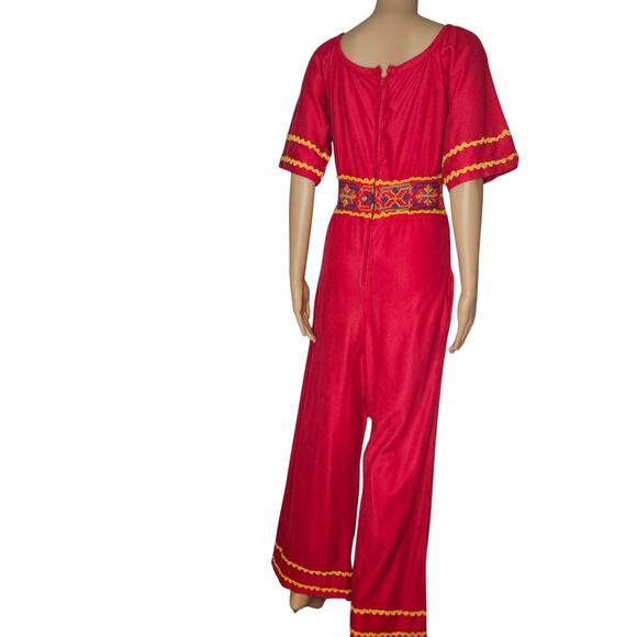 1990s Embroidered Red Katz Culotte Short Sleeve Romper Long Back Zipper Size Sm - Picture 5 of 14
